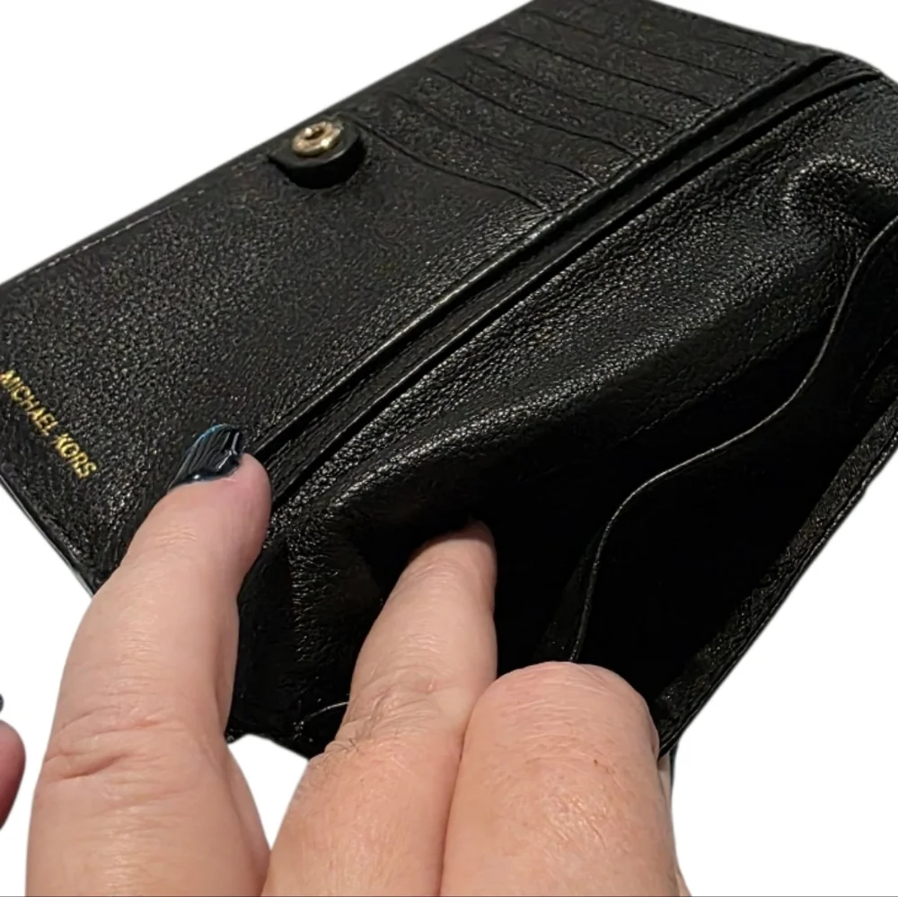 Michael Kors‎ Black Leather Tri Gold Wallet with Gold Logo